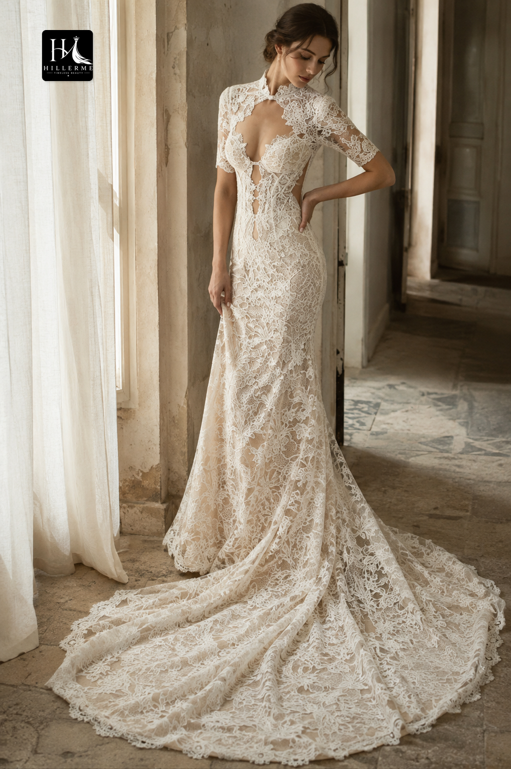 Illusion Lace Trumpet Wedding Dress with Chapel Train