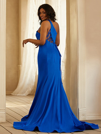 Jersey sheath prom dress with one-shoulder ruffled bodice and sweep train