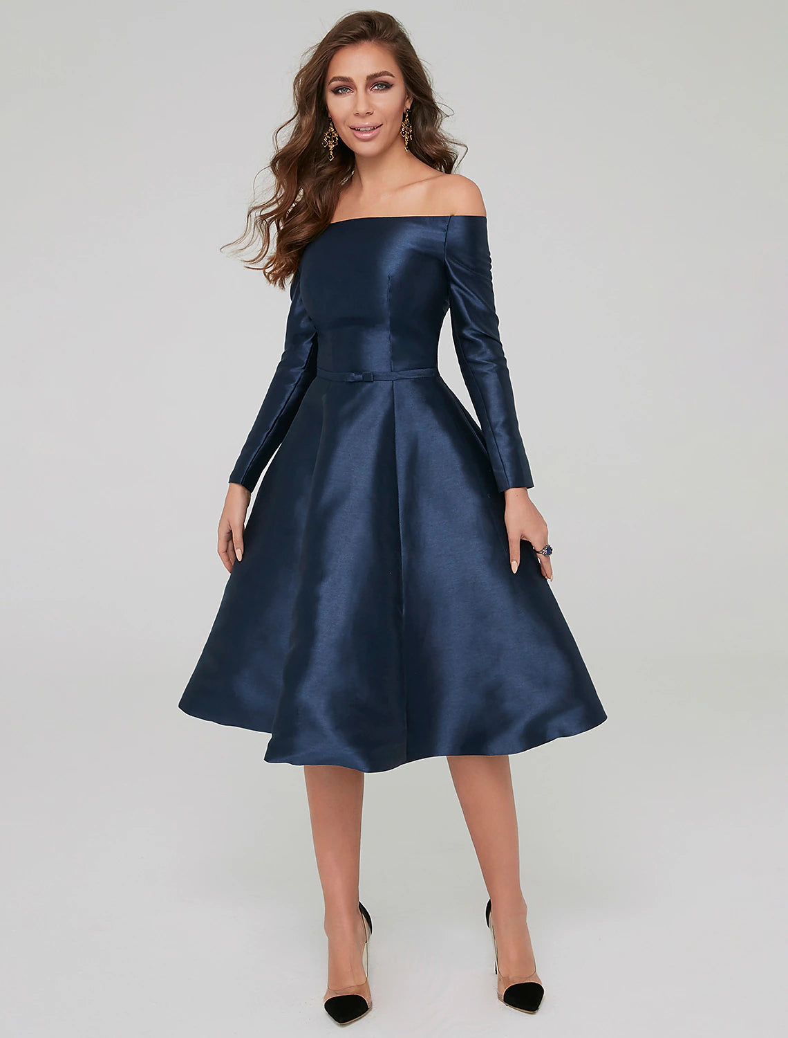 Off-shoulder long sleeve knee-length pleated satin A-line cocktail dress