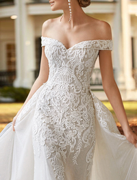Off-the-shoulder two-piece satin wedding gown in ivory with cap sleeves and beading appliques