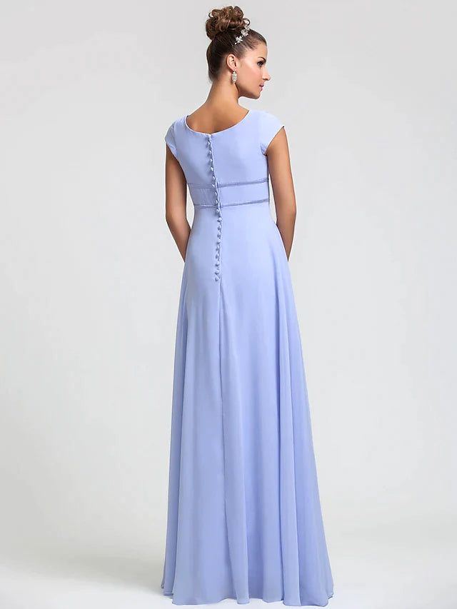 Floor-length chiffon sheath bridesmaid dress with square neck and ribbon sash
