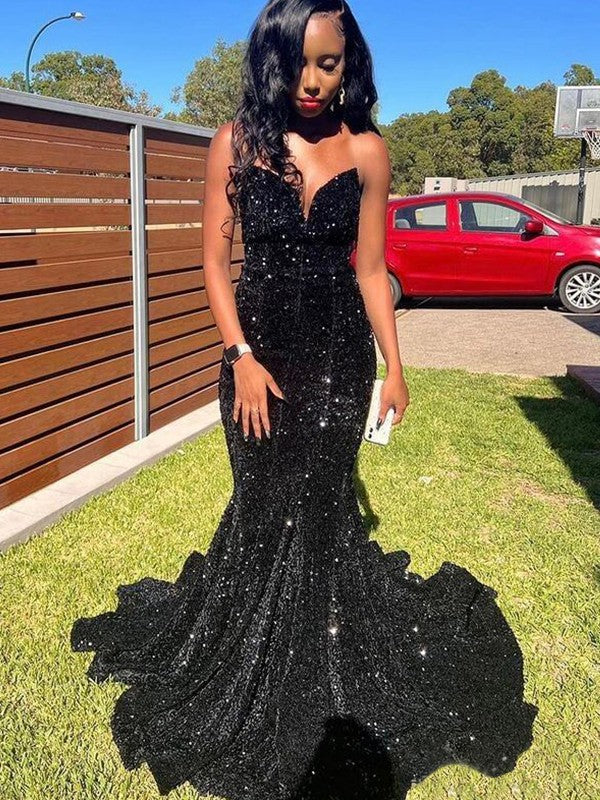 Trumpet/mermaid sweetheart velvet sequins prom dress with ruffles and a sweep train