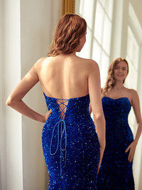 Sleeveless royal blue velvet sequins sweetheart sheath prom dress