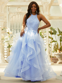 Halter sleeveless applique tulle floor-length A-line dress