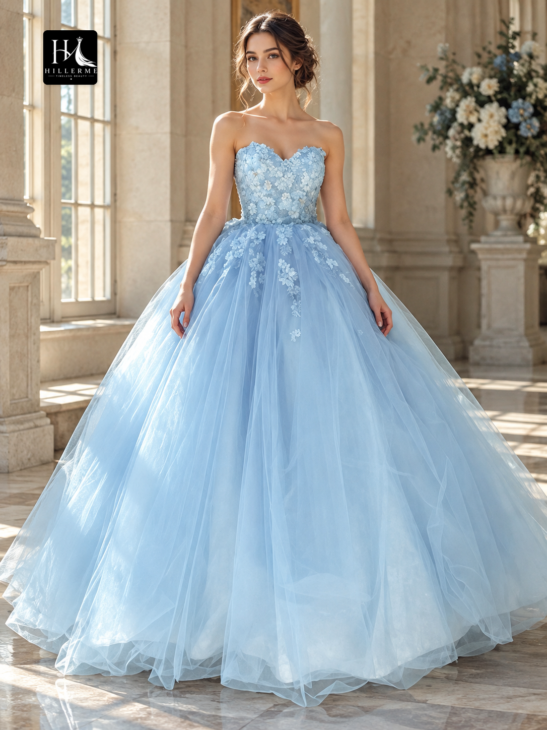 Sweetheart Sleeveless Applique Tulle Ball Gown Prom Dress with Sweep Train