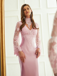 Sweep and brush train detailing on silk-like satin and lace sheath prom dress