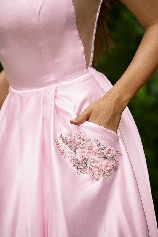 Satin sleeveless floor-length A-line prom dress with spaghetti straps
