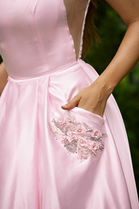 Satin sleeveless floor-length A-line prom dress with spaghetti straps