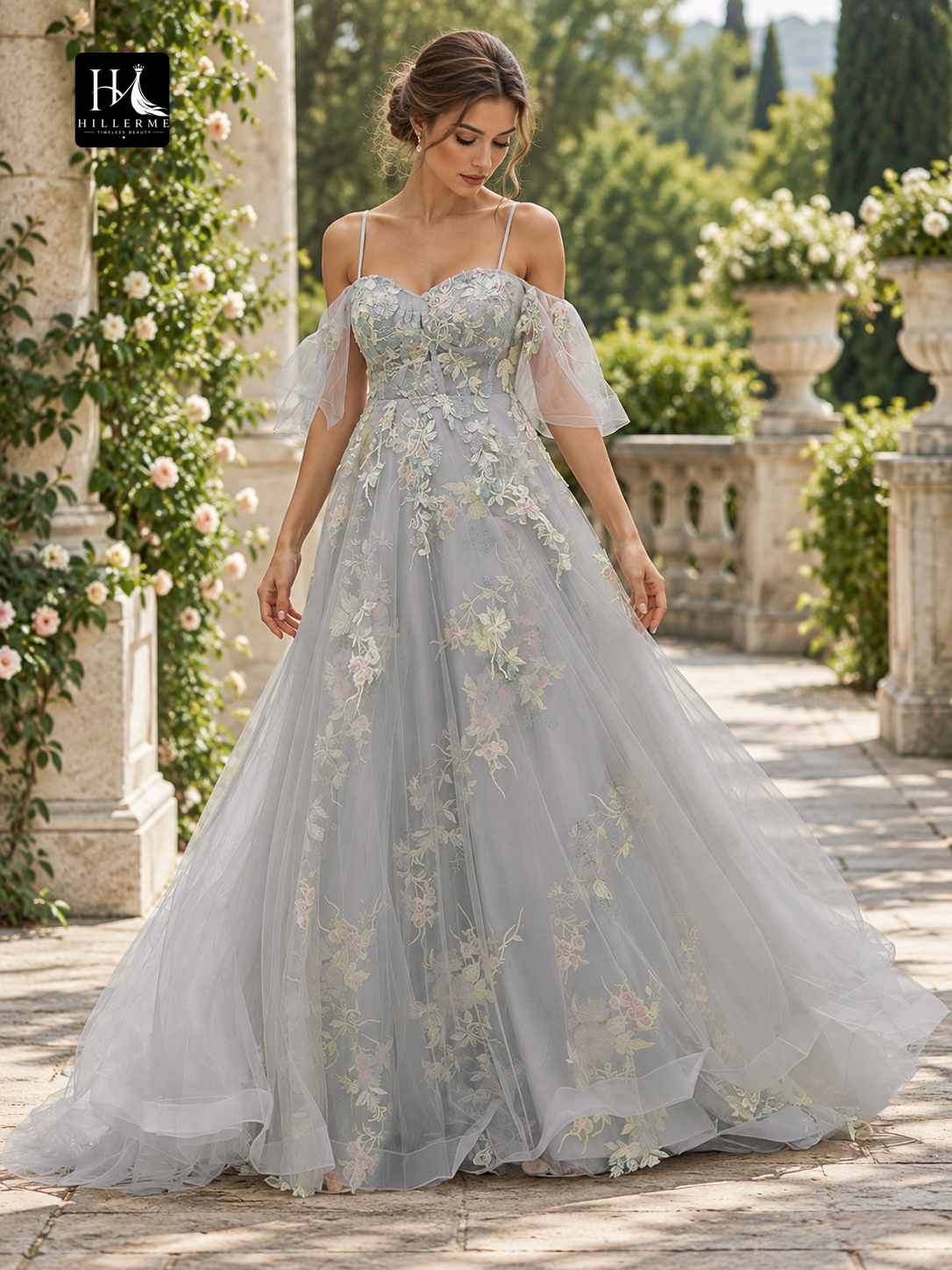 A-Line Sweetheart Short Sleeve Tulle Applique Prom Dress with Sweep Train