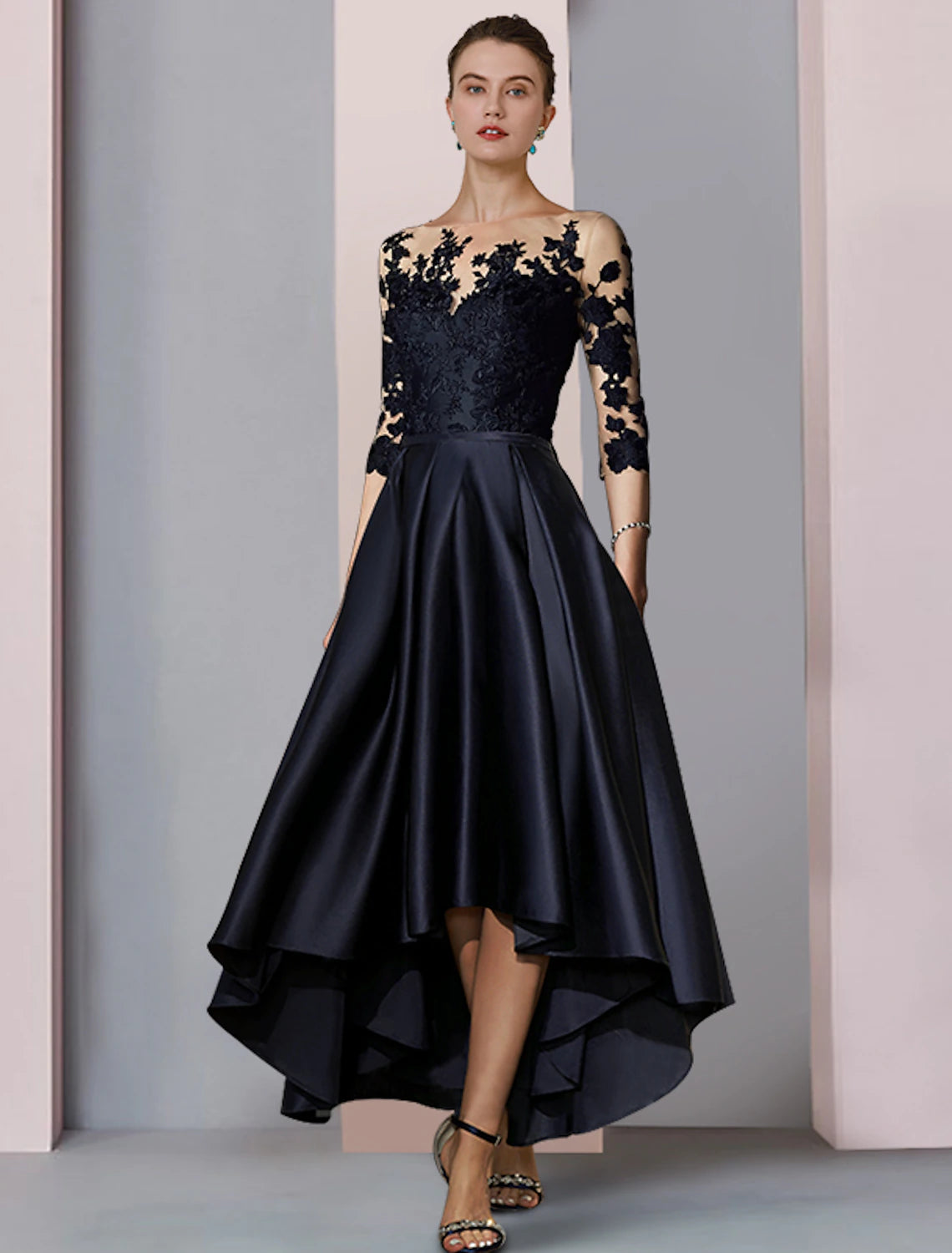 A-line scoop neck mother of the bride dress with 3/4 sleeves and high-low tea-length skirt