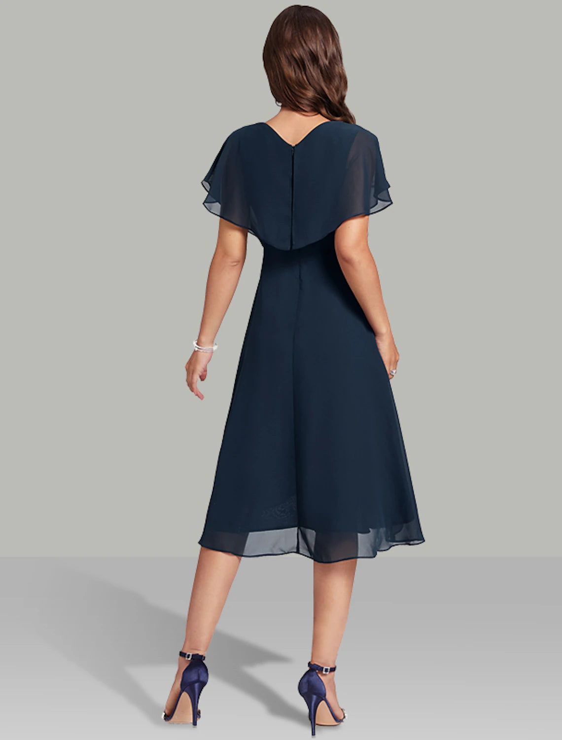 Tea-length chiffon A-line dress with short sleeves and beaded sash in Dark Navy