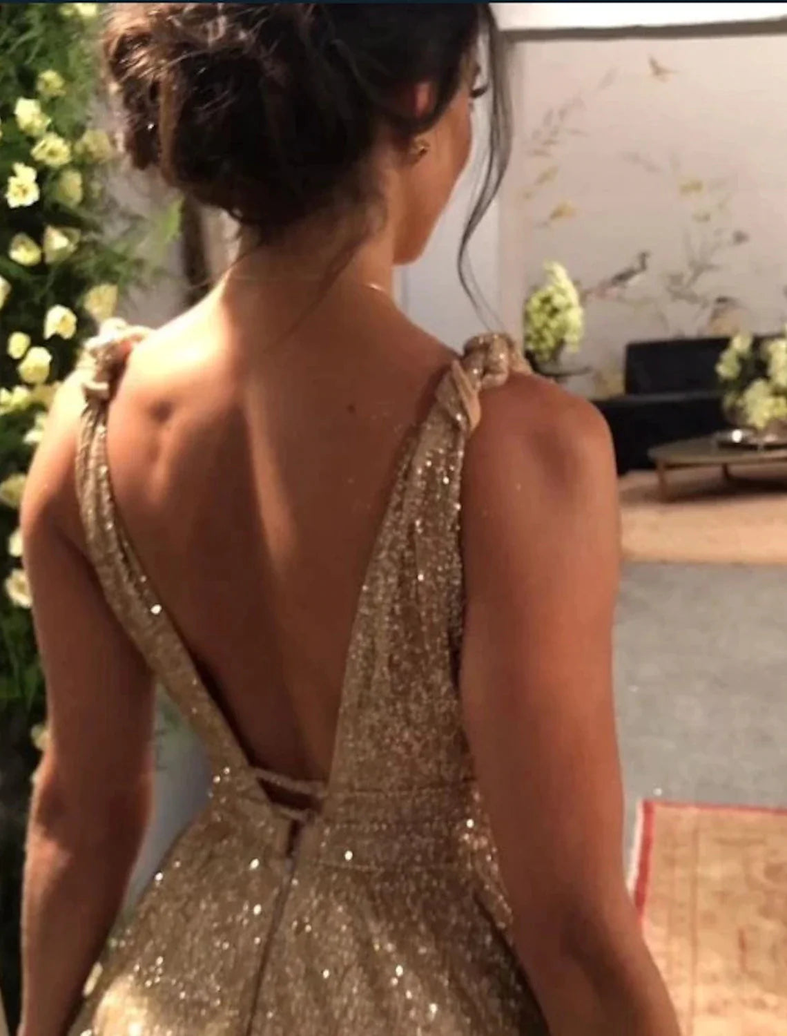 Backless glittering evening party dress with rhinestone accents and sweep brush train