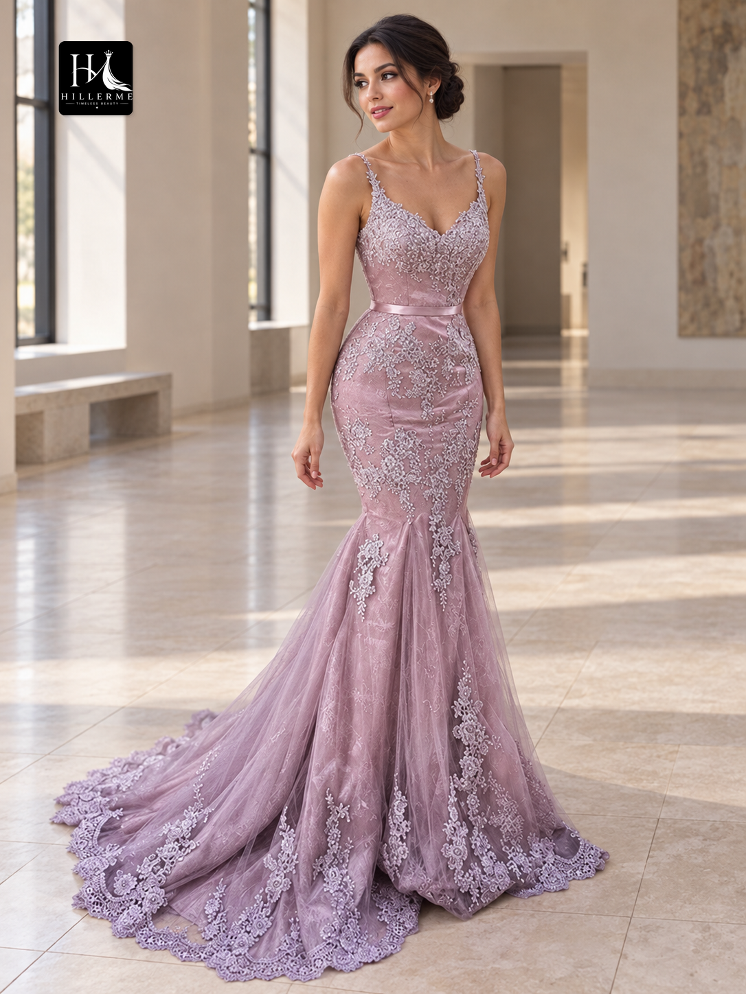 Trumpet/Mermaid Sleeveless V-Neck Applique Tulle Prom Dress with Sweep Train