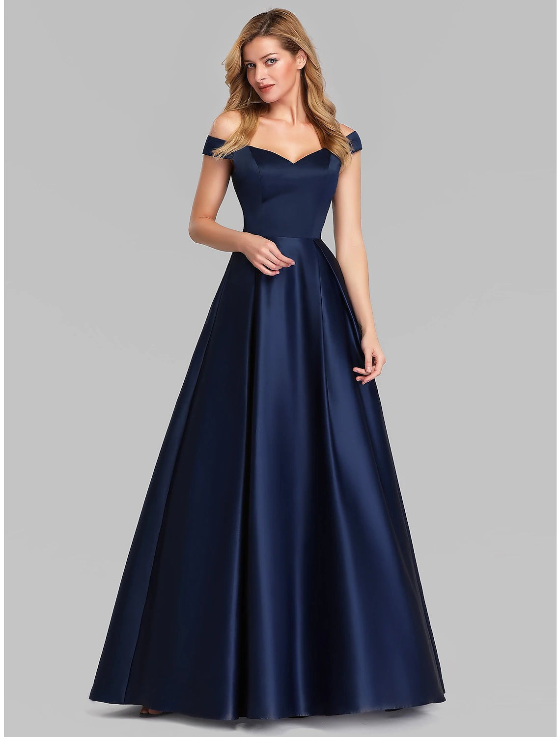 Front view of floor-length sleeveless plunging neck ruched satin A-line evening gown in dark navy