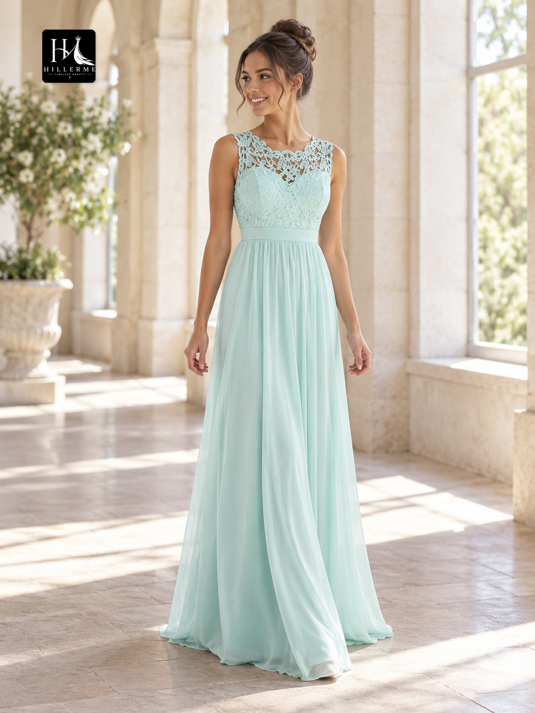 Jewel Neck Sleeveless A-Line Chiffon and Lace Floor-Length Bridesmaid Dress with Sash and Pleats