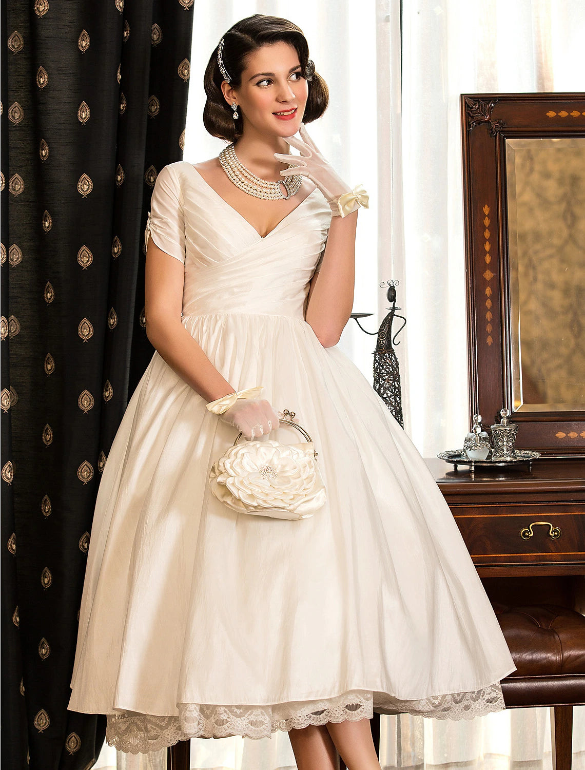 Vintage tea length A-line satin wedding reception dress with lace criss cross