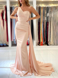 One-shoulder sleeveless sheath prom dress in silk-like satin with ruffles and sweep brush train