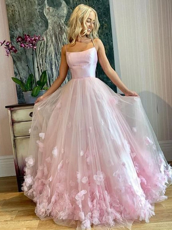 A-line bateau appliques lace floor-length tulle prom dress