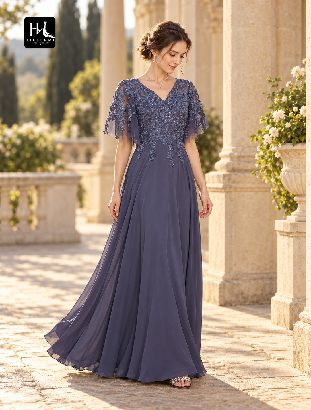 Plus Size A-Line V-Neck Floor-Length Chiffon and Lace Mother of the Bride Dress with Short Sleeves and Beading Appliques
