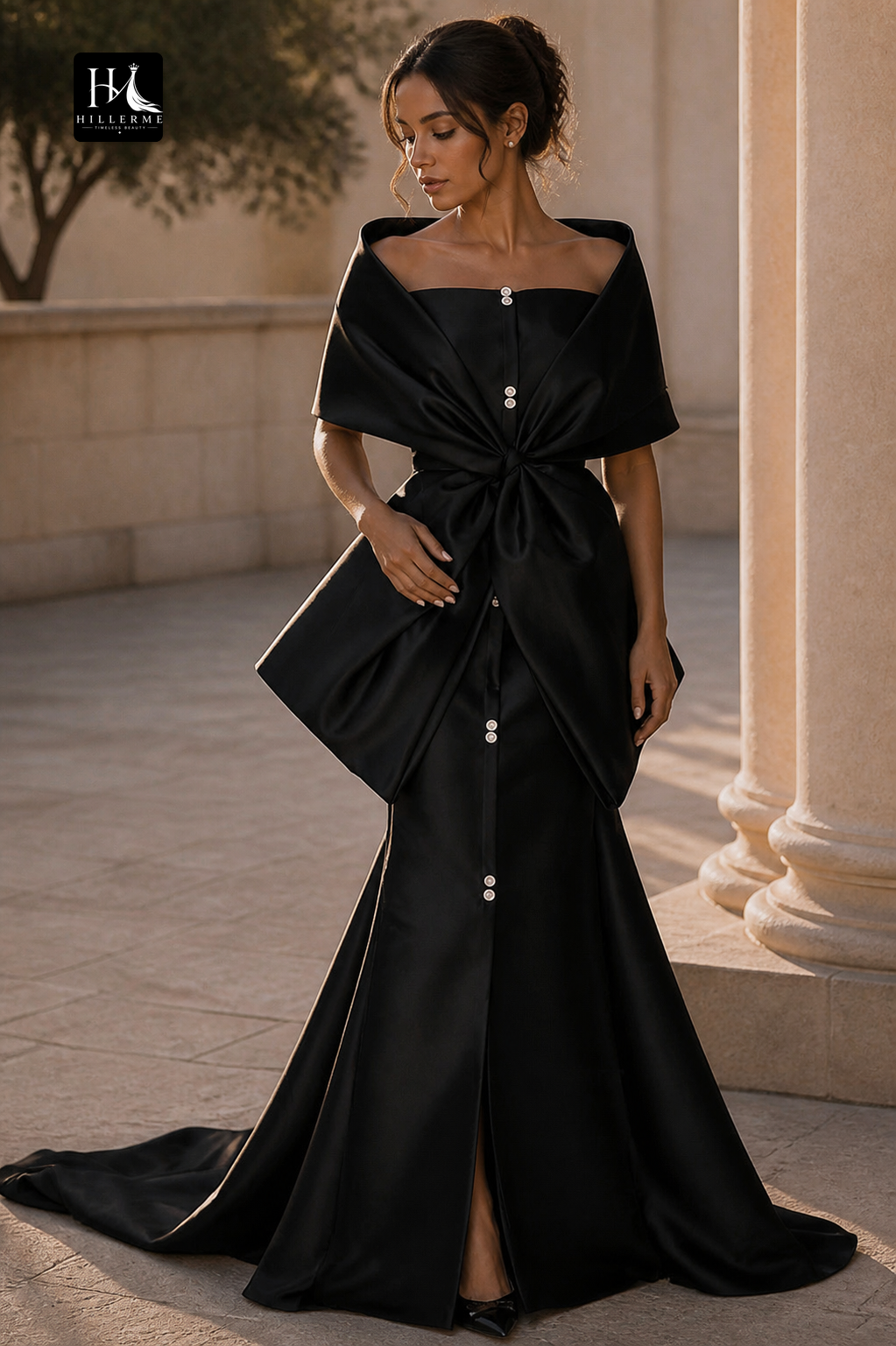 Draped Bow Mermaid Evening Gown with Off-the-Shoulder Wrap