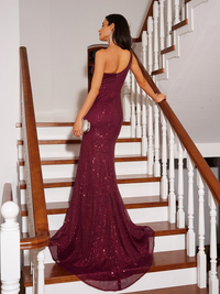 Sleeveless one-shoulder ruched sheath prom dress
