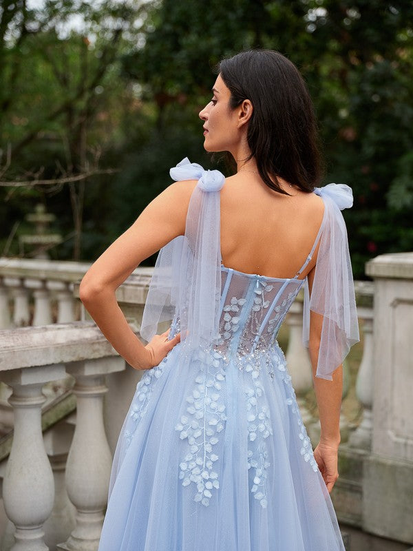 Sky Blue A-line tulle prom dress with straps and sweep train