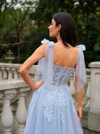 Sky Blue A-line tulle prom dress with straps and sweep train