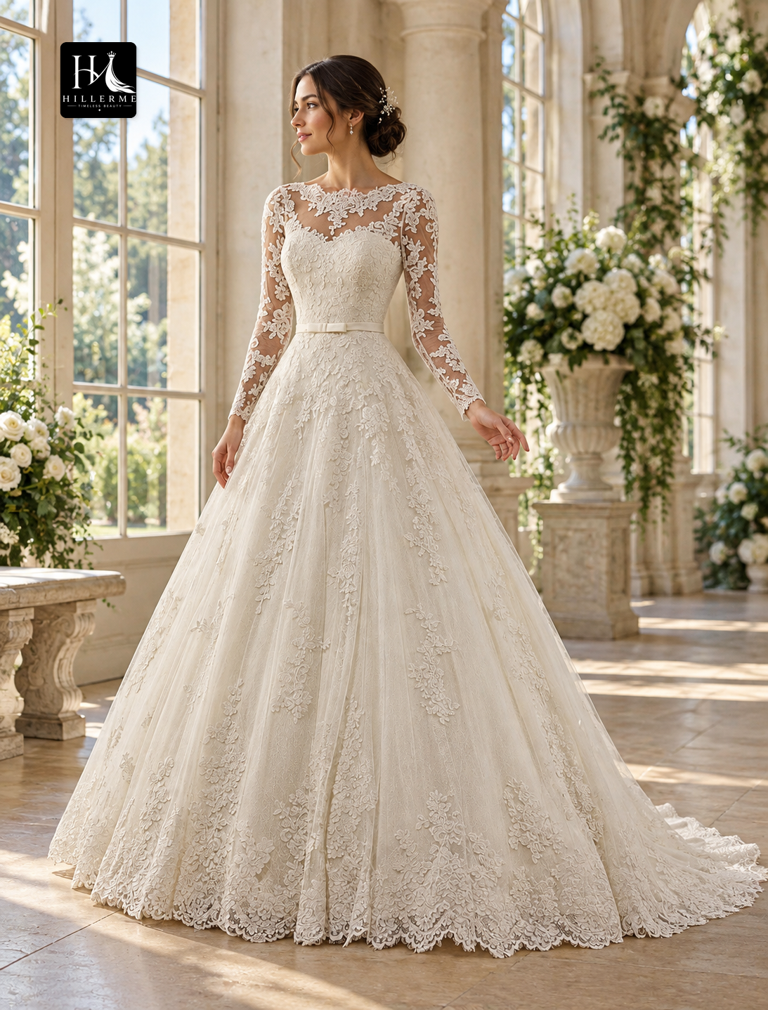 Illusion Neck Long Sleeve Ball Gown Wedding Dress with Lace Appliques and Court Train
