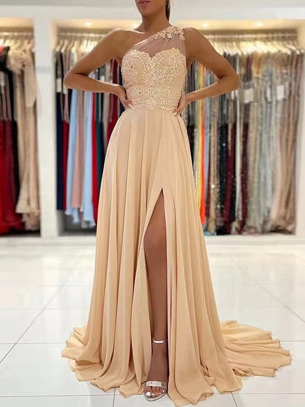 A-line one-shoulder sleeveless chiffon and lace prom dress with sweep train