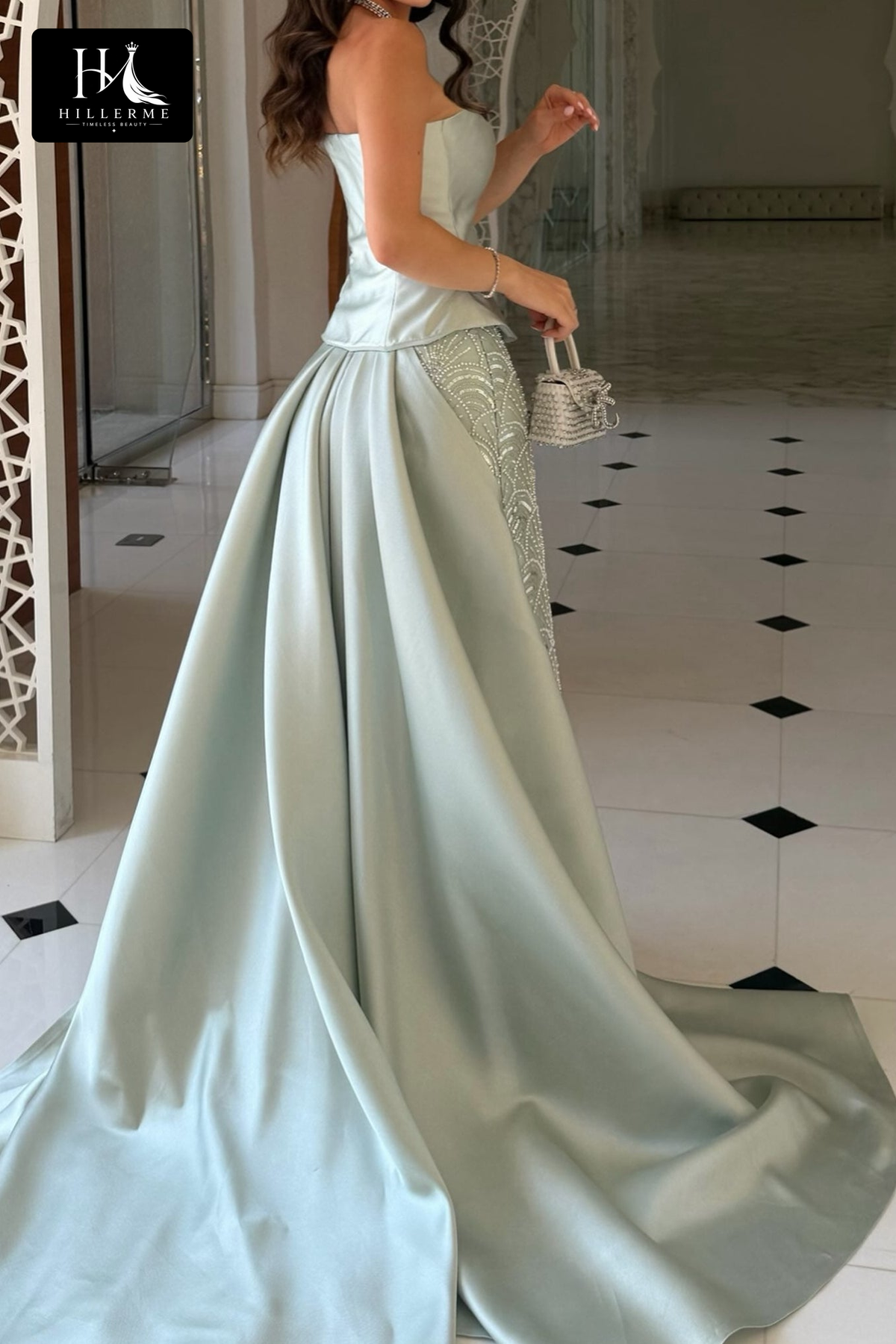 Strapless Fitted Gown with Beaded Scallop Skirt and Flowing Satin Train