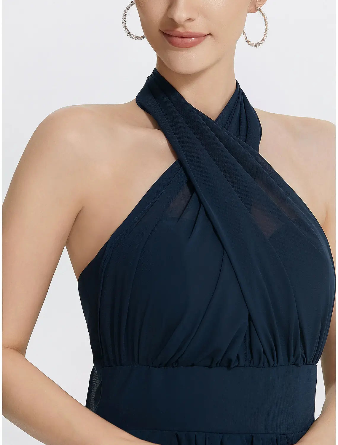 Tea-length chiffon wedding guest dress featuring convertible off-shoulder sleeves and ruched accents