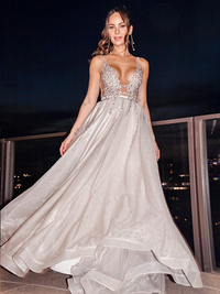 Sleeveless beaded organza A-line prom dress with V-neckline and brush train