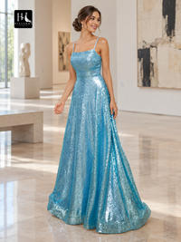 A-Line Sequined Ruffle Prom Dress with Spaghetti Straps and Sweep Train