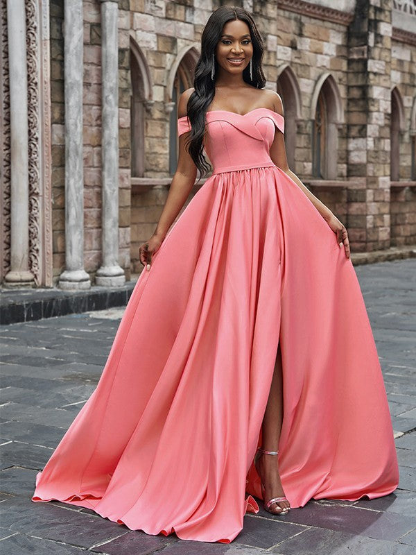 Side view of sleeveless off-the-shoulder satin A-line prom dress