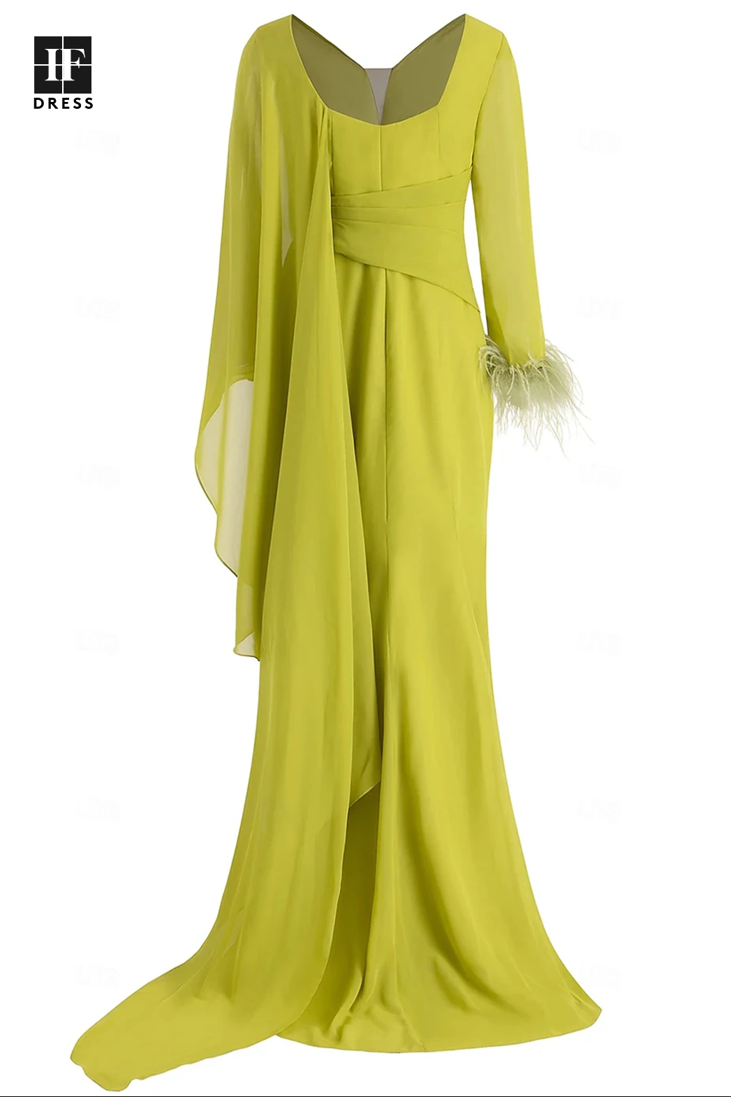 V-Neck Long-Sleeve Chiffon Mermaid Floor-Length Mother of the Bride Gown with Pleated Skirt