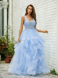 A-line V-neck sleeveless tulle and lace floor-length prom dress