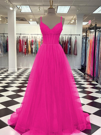 A-line sleeveless V-neck tulle prom dress with ruffles and sweep train