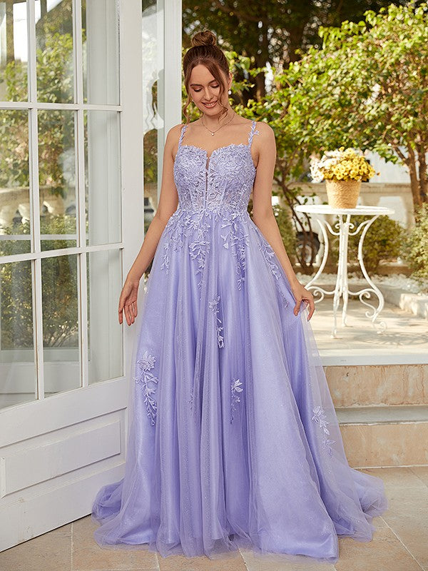 Tulle applique A-line sleeveless prom dress with court train