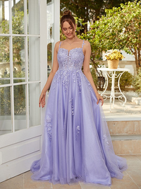 Tulle applique A-line sleeveless prom dress with court train