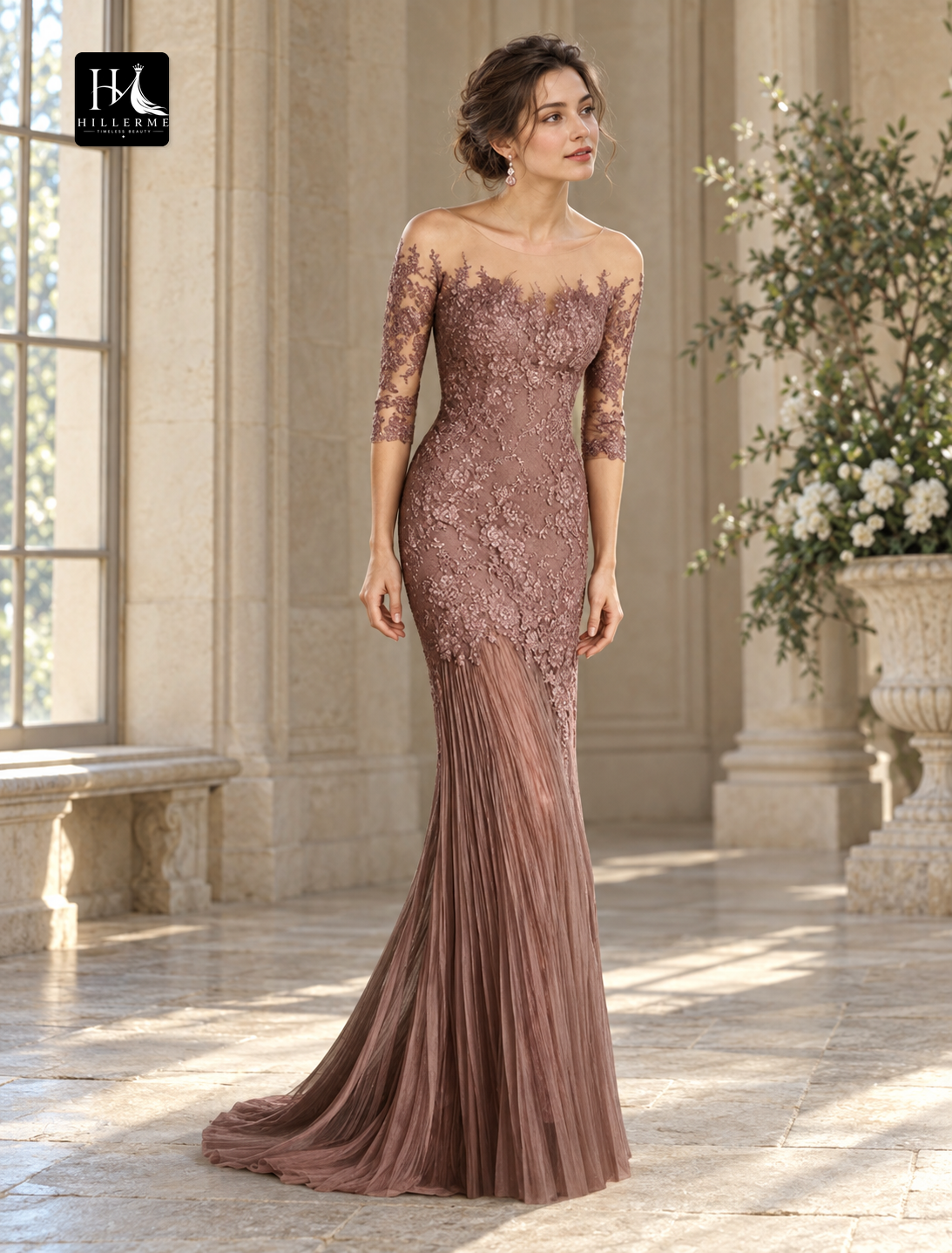 Mermaid Scoop Neck Lace and Tulle Mother of the Bride Dress with Half Sleeves and Appliques