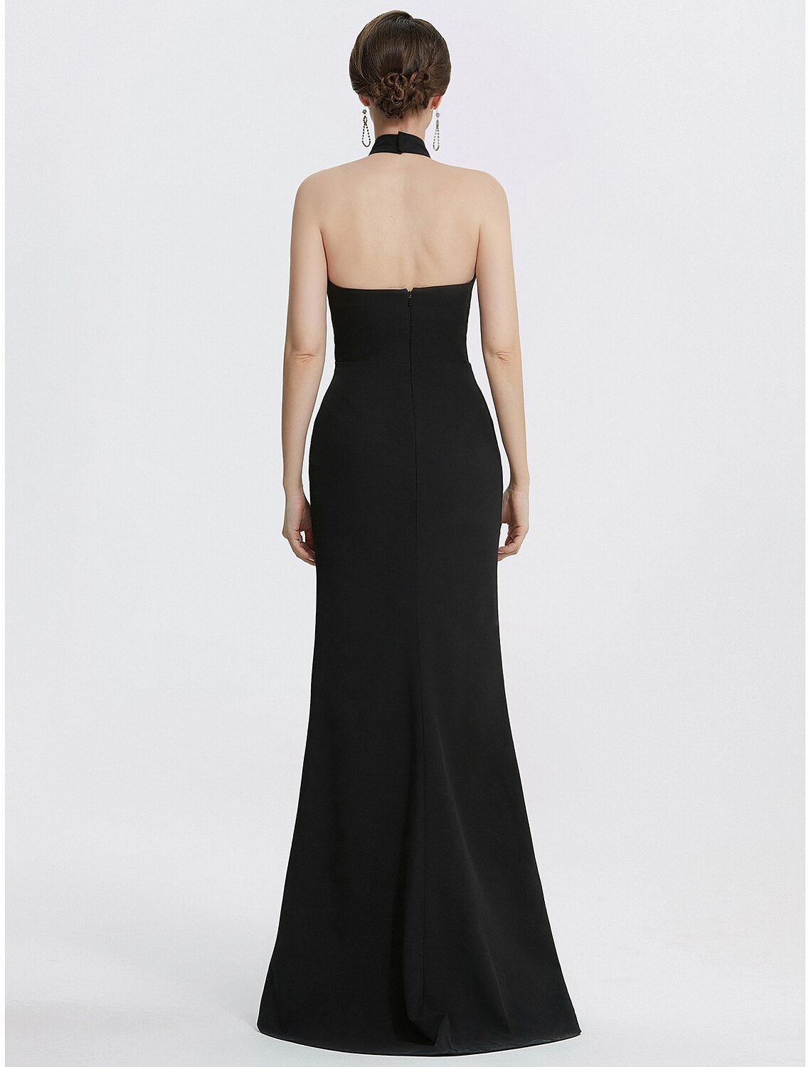 Ruched detailing on black halter neck sheath evening gown