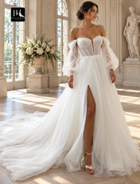 Vintage Off-Shoulder Long Sleeve Ruched Chiffon A-Line Wedding Dress with Court Train