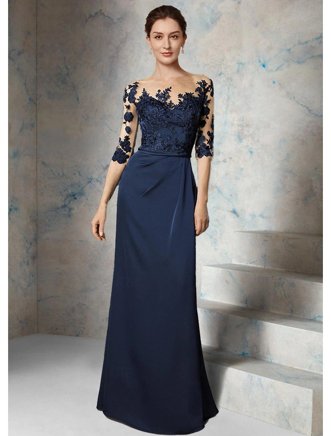 Sheath floor-length chiffon mother of the bride dress with jewel neck, 3/4 sleeves, and appliques