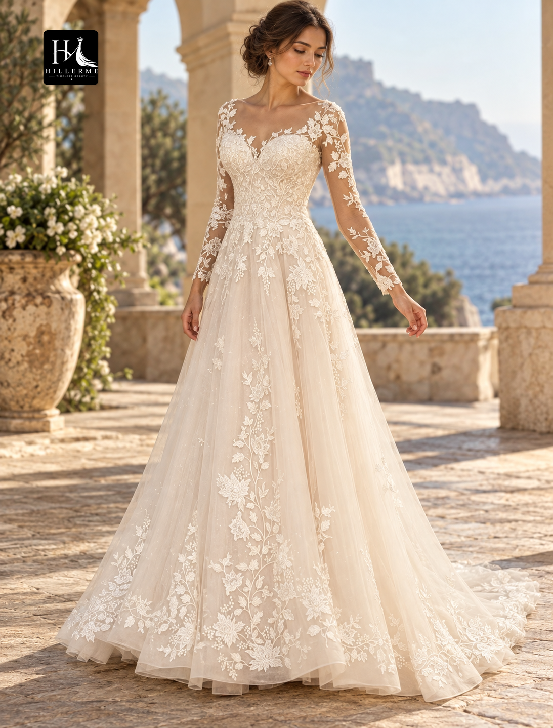 A-Line V-Neck Long Sleeve Lace Beach Wedding Dress with Flower Accents and Sweep Train