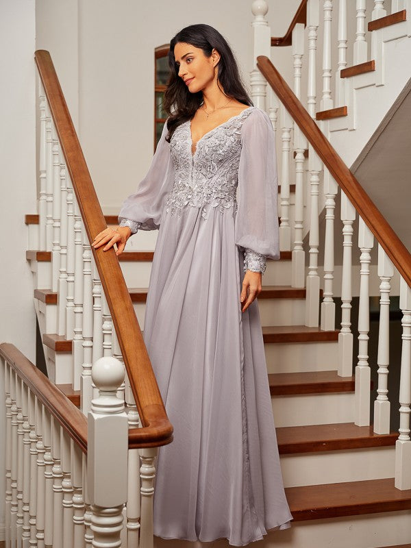 Floor-length A-line prom dress crafted from 30D chiffon with V-neck and long sleeves
