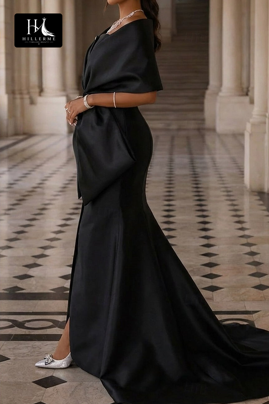 Draped Bow Mermaid Evening Gown with Off-the-Shoulder Wrap