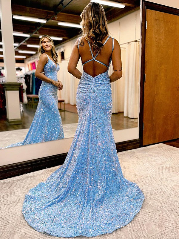 Sheath column velvet sequins prom dress with ruched bodice and sweep train