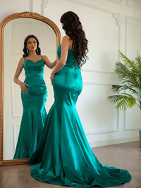 Elastic woven satin sheath prom dress featuring a ruched V-neckline and sleeveless design