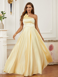 One-shoulder satin A-line floor-length prom dress with hand-made flower