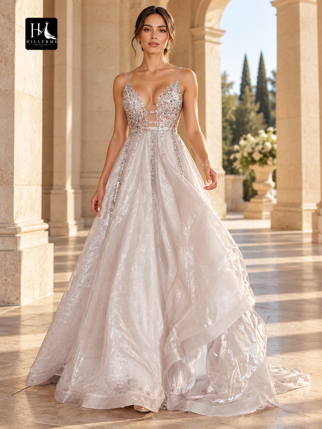 A-Line V-Neck Sleeveless Organza Prom Dress with Beading and Sweep Train
